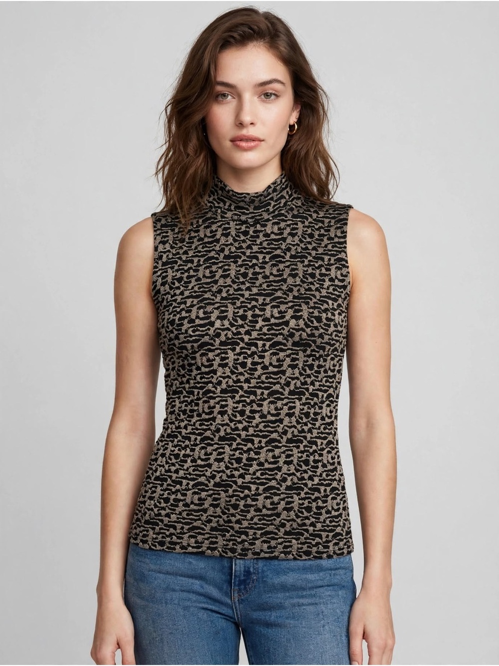 NICOLA Sleeveless Mock Neck Leopard-Print Tank - Black & Taupe
